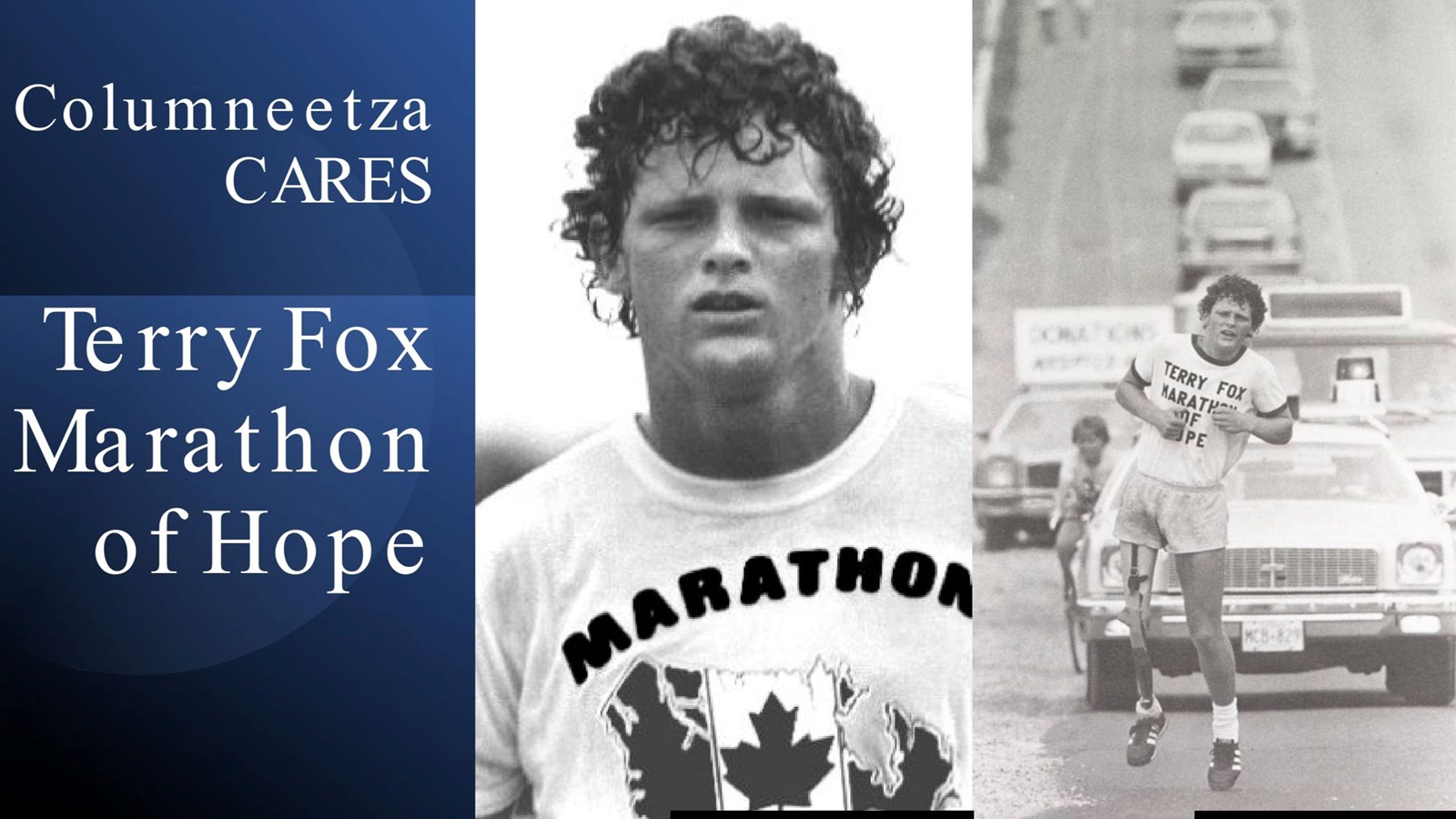 Terry Fox running on road with vehicles following behind