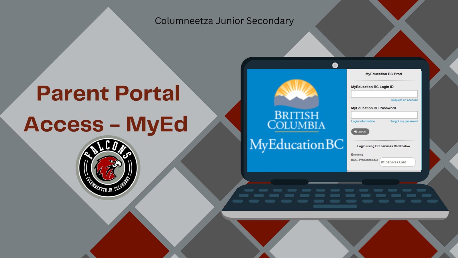 squares with laptop and school logo