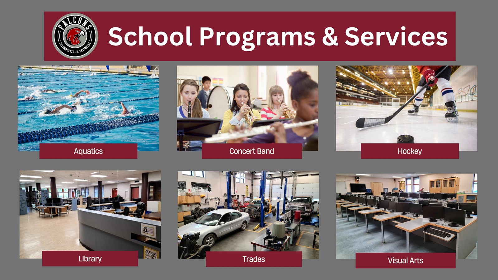 six pictures with different programs, swimmers, band, auto shop, computer lab, hockey